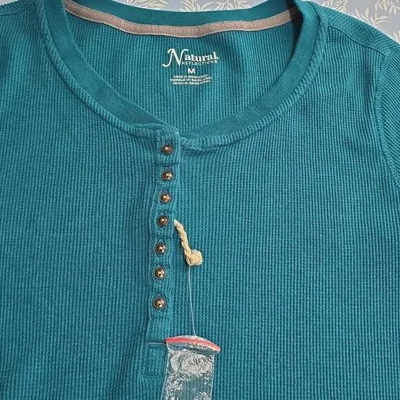 NWOT Natural Reflections Womens Sz M Teal Waffle Knit Henley Y2K 90s Grunge Top - Picture 4 of 10